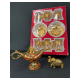 Decorative Metal Aladdin Lamp, Elephant Figurine, and 12-Piece Tea Set