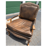 French Carved Wood and Leather Upholstered Armchair