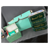 Marshall Field's Frango Tins and Chinese Health Ball Set in Storage Bin