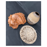 Artisan Pottery Vase, Leather Face Mask, and Aztec Calendar Plaque