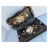 Set of Two Decorative Floral Painted Metal Serving Trays