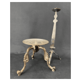 Pair of Metal Candle Holders with Floral Etching and Tripod Bases
