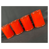 Set of Four Bright Orange Ceramic Mugs with Scalloped Handles