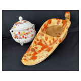 Ceramic Cornucopia and Lidded Footed Bowl Set