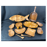 Collection of Monkeypod Wood Serving Pieces and Redwood Highway Salt and Pepper Shakers
