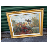 Claude Monet Style Floral Garden Landscape Oil Painting in Ornate Gold Frame