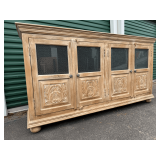 Four-Door Wooden Credenza with Carved Panels and Textured Glass
