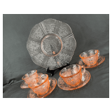 Pink Pressed Glass Tea Set with Floral Motif