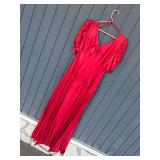 Red Satin Evening Dress With Puffed Sleeves And Bow Detail
