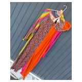Colorful Rainbow Patterned Clown Costume With Ruffled Neck Piece
