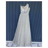 Silver Metallic Lace Formal Evening Gown
