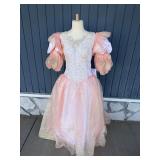 Pink and White Formal Evening Gown with Beaded Bodice and Puff Sleeves