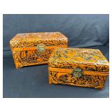 Carved Wooden Nesting Storage Boxes With Red Velvet Lining