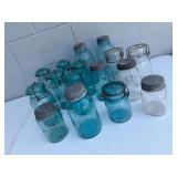 Assorted Collection of Blue and Clear Glass Fruit Jars