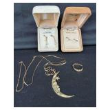 Assorted 14K Gold Jewelry Collection Including Moon Pendant Necklace and Pearl Earrings