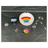 Rainbow Themed Decor And Jewelry Lot With Crystal Prisms And Ceramic Ashtray