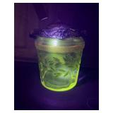Uranium Glass Biscuit Jar With Ornate Metal Lid And Handle