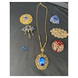 Ornate Filigree Blue Glass Pendant Necklace And Brooch Assortment