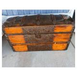 Domed Wood And Metal Storage Trunk With Map Interior