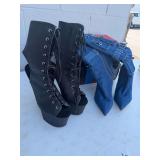 Lot of Two Pairs of Designer Footwear Including Pleaser Black Platform Boots and Rouge Helium Blue Denim Stiletto Boots