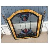 Stained Glass Tri-Fold Fireplace Screen with Floral Motif