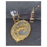 Assorted Decorative Decor Group Featuring Brass Unicorn Mirror Crystal Ball and Wooden Grinder