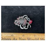 Vtg Metal & Red Stones Brooch