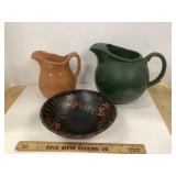 Pottery Jugs & Wooden Bowl