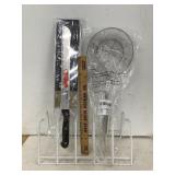 Bread Knife, Spider Strainer & Rack