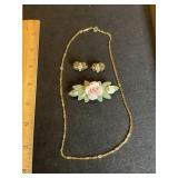 Gold Tone Necklace Ceramic Brooch & Earrings