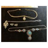 Sterling Chain Trifari Necklace & Earrings Cameo