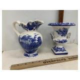 Vintage Blue & White Ceramic Vase & Pitcher