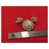 Vtg Celluloid ? Rose Brooch & Screw Back Earrings