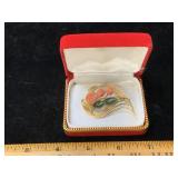 Vintage Jade Leaf & Coral Roses Brooch In Gift Box