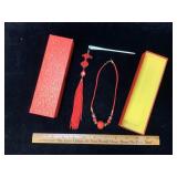 Vintage Chinese Red Knot Hair Pin & Necklace