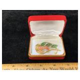 Vintage Jade Leaf & Coral Roses Brooch In Gift Box