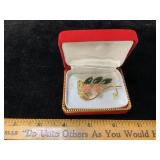 Vintage Jade Leaf & Coral Roses Brooch In Gift Box
