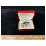 Vintage Jade Leaf & Coral Roses Brooch In Gift Box