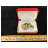 Vintage Jade Leaf & Coral Roses Brooch In Gift Box