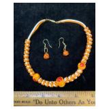 Beaded & Braided Orange Artisan Necklace Earrings