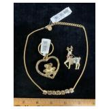 Gold Tone Necklace Keychain & Reindeer Pin
