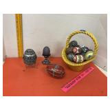 Ceramic Easter Basket & Various Eggs