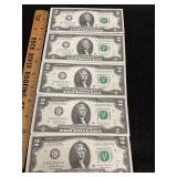 2017A US $2 Sequential Bills 5 Crisp & Flat