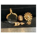 Carved Cameo Brooch & Gold Tone Wishbone &