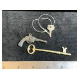 Brass ?Skeleton Key & Tiny Cast Metal Pistol