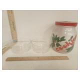 PYrex Bowls 2 & Holly Print Glass Cookie Jar w Lid