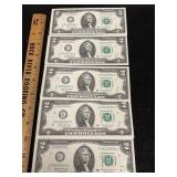 2017A US $2 Sequential Bills 5 Crisp & Flat