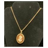 Vintage Cameo Carved Necklace Gold Tone Chain
