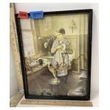 Framed Print Of Boy In Apron doing Dishes w dog.