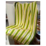 Green, White & Yellow Striped Crocheted  Blanket